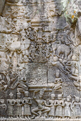 Bas-relief Sculpture at Ta Prohm temple, Siem Reap, Cambodia.