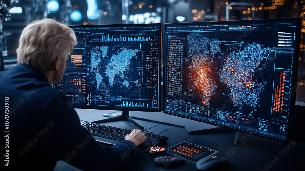 Poster Engineer analyzing global data on dual monitors in smart city control room, showcasing traffic flow and network patterns, highlighting urban technology
