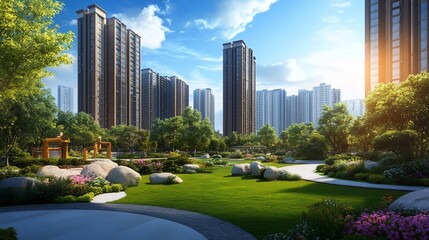 Naklejka premium A lush green park with manicured lawns, winding paths, and large boulders, surrounded by tall buildings against a bright blue sky.