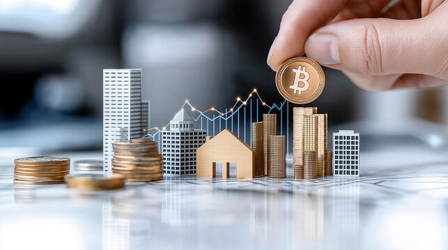 Investing in cryptocurrency and real estate, showcasing financial growth. hand holds Bitcoin above miniature buildings and coins, symbolizing wealth and investment strategies