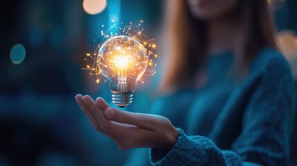 Woman Holding a Glowing Light Bulb with Network Connections