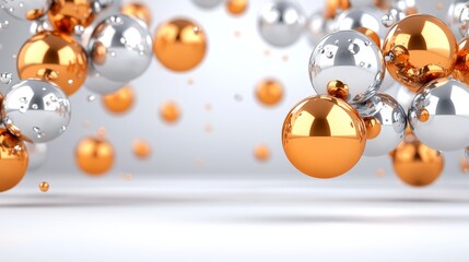 Abstract Shiny Silver and Gold Spheres Floating on White Background