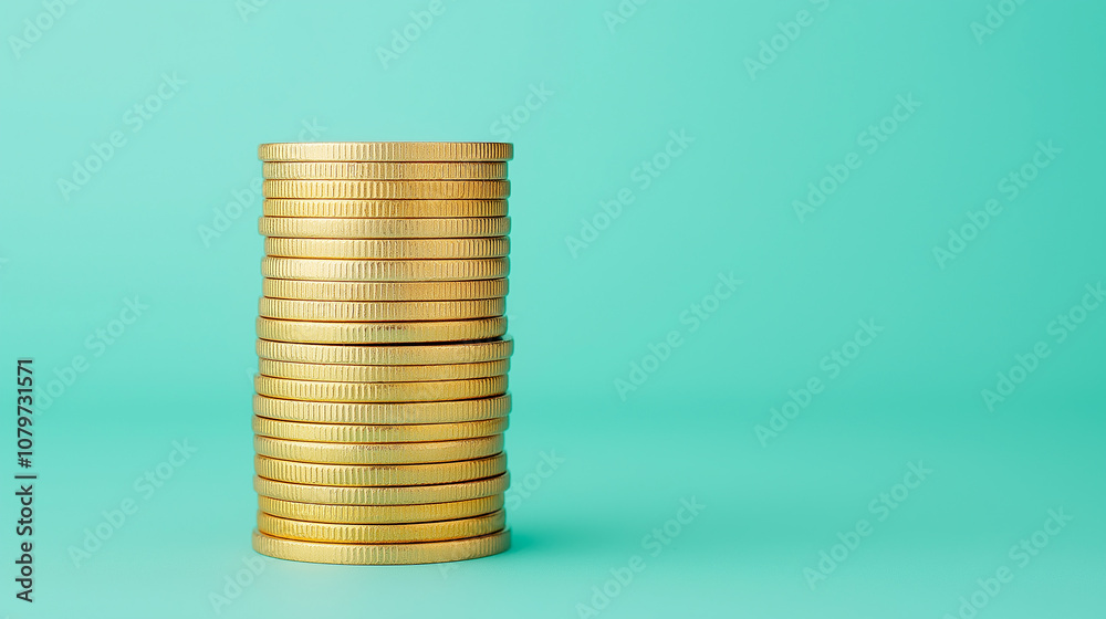 Poster stack of gold coins on turquoise background, symbolizing wealth and savings. coins are neatly arrang
