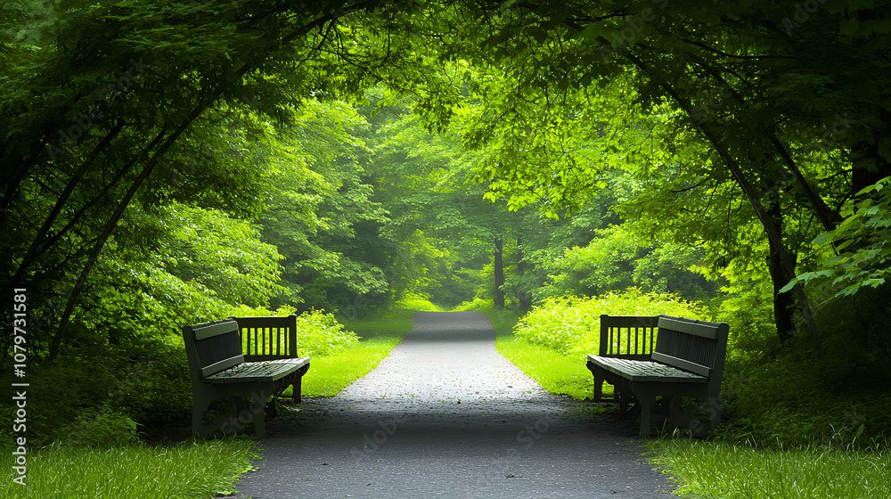 Poster A serene path flanked by benches, enveloped by lush greenery and trees, creating a tranquil atmosphere perfect for relaxation and reflection.