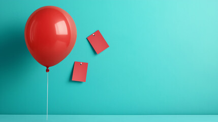 red balloon floating against turquoise background with red notes pinned. vibrant colors create cheerful and playful atmosphere