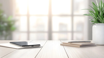 A minimalist office desk scene with a smartphone, notebooks, and a plant, illuminated by natural light from a nearby window.
