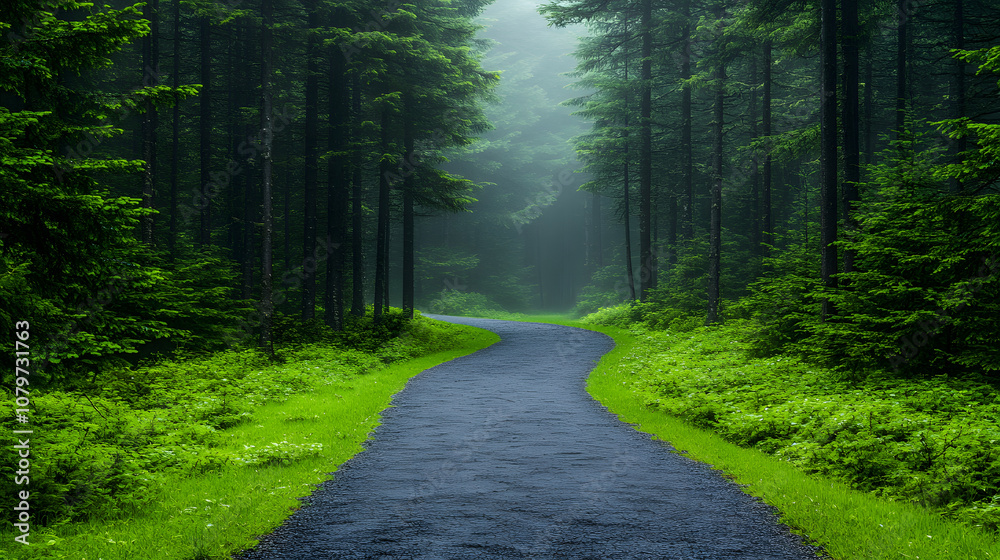 Poster A serene forest path winds through lush greenery, surrounded by towering trees, enveloped in soft mist, inviting tranquility and exploration.