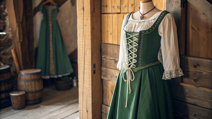 Obraz premium Traditional Irish dress with lace detailing displayed in a rustic setting alongside a similar gown 