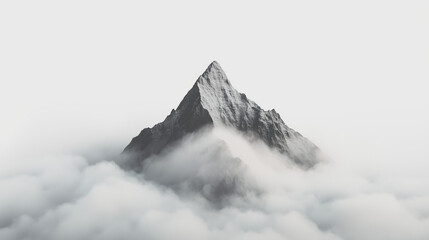 Minimalist landscape of mountains blanketed in snow, with clouds surrounding the peaks.