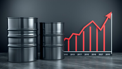 Changes in the fuel market. Crude oil barrels next to the schedule. Concept - changes in the hydrocarbon market. Graph shows rise and fall at the same time. Redistribution of the oil market.