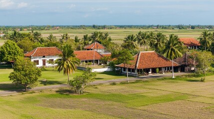 Fototapeta premium Aerial view of traditional buildings surrounded by lush greenery and rice fields.