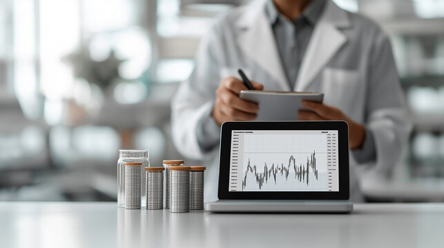 Data analysis in laboratory setting with focus on financial graphs and metrics. professional in lab coat reviews data on tablet while analyzing results