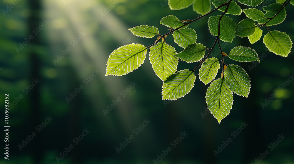 Aufkleber Bright green leaves illuminated by soft light filtering through forest canopy create serene atmosphere. interplay of light and shadow enhances natural beauty of foliage