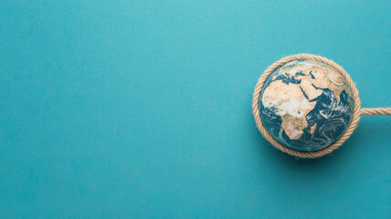 Fototapeta premium Globalization Trade War Concept. A globe resting on a turquoise surface, symbolizing global awareness and environmental themes.