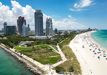 Drone view of The skyline of Miami. Miami Beach aerial view. South Beach, Miami Beach. Aerial view South Pointe Park in Miami Beach, Florida. American tourism in Florida.