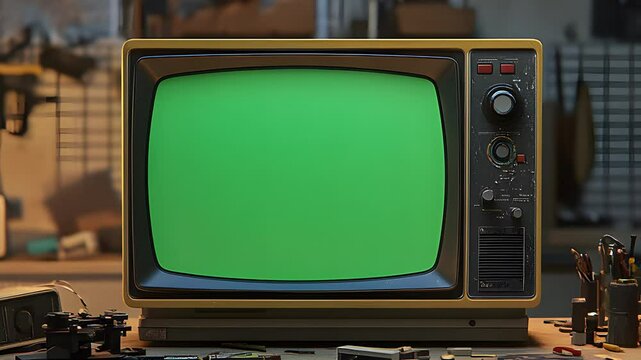 old tv with a radio, classic tube tv with green screen, for video editing