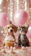 Fototapeta premium Cute Puppy and Kitten Celebrating Birthday with Cupcake