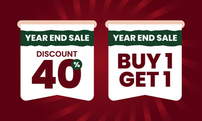 Year End Sale Label Ticket with White Green Color on Red Spiral Background