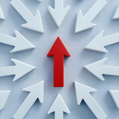 A red upward pointing arrow surrounded by white arrows 