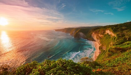 Naklejka premium Majestic Coastal Cliffs Overlooking the Crystal-Clear Ocean Waters Underneath a Golden Sunset With Rolling Hills in the Distance and Vibrant Tropical Vegetation