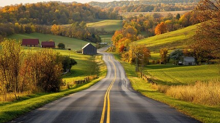 Obraz premium A scenic road trip through the countryside, with rolling hills, farms, and quaint villages along the way.