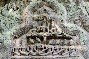 Bas-relief Sculpture at Ta Prohm temple, Siem Reap, Cambodia.