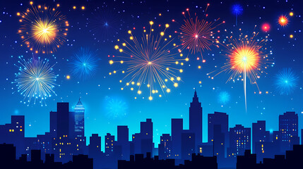 Fototapeta premium Fireworks exploding in the night sky over a cityscape 