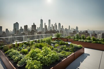Fototapeta premium Open air rooftop garden with cityscape in the background daytime, Ai Generated