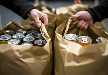 A person placing grocery bags filled with food and cans in a supermarket, close-up view of hands in the background, stock photo.