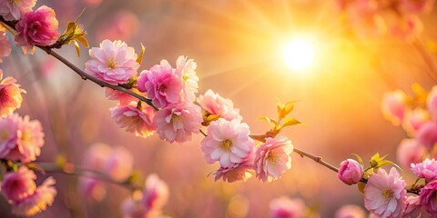 Obraz premium Delicate pink blossoms bathed in warm golden sunlight, symbolizing the beauty and hope of new beginnings.