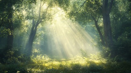 Fototapeta premium Sun rays shining through the trees in a misty forest.