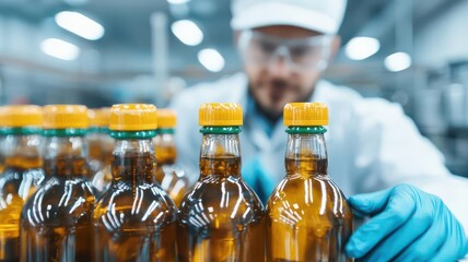 Close-up of a beverage production line inspector checking bottle seals, precise focus, factory lighting