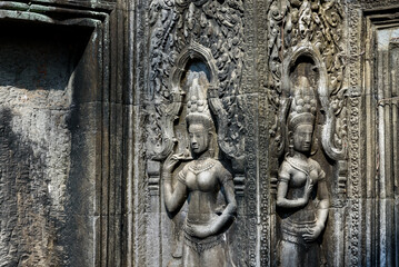 Bas-relief Sculpture at Ta Prohm temple, Siem Reap, Cambodia.