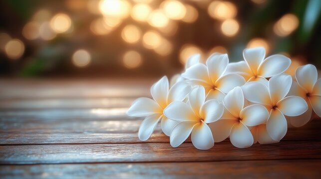 Plumeria Flowers with Glowing Bokeh Lights. Elegant plumeria flowers on a wooden surface with glowing bokeh lights, creating a serene and tropical ambiance for designs.