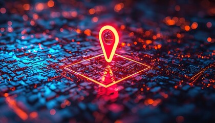 Futuristic digital map illustration with a neon red location pin highlighting a specific area, symbolizing navigation, connectivity, and modern technology advancements in data proc