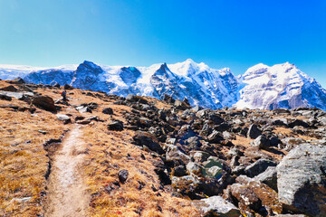 A gentle trail over alpine meadows with views of the Mera Peak range leads climbers from the...