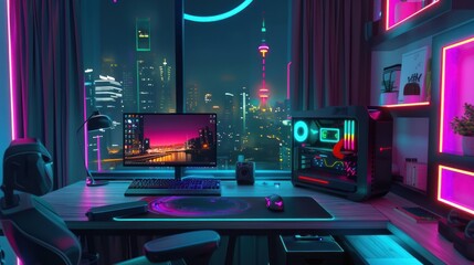 Neon-Lit Gaming Setup with City View