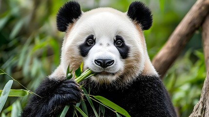 Fototapeta premium Panda Bear Feeding on Bamboo in Modern Glass Enclosure with Neutral Tones