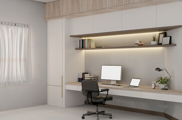 A contemporary luxurious office features a computer and laptop mockup on a large desk.