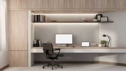 A contemporary luxurious office features a computer and laptop mockup on a large desk.