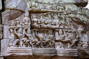 Bas-relief Sculpture at Ta Prohm temple, Siem Reap, Cambodia.