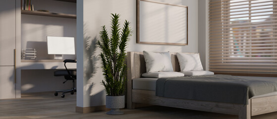 The interior design of a modern apartment bedroom features a comfortable bed by the window.