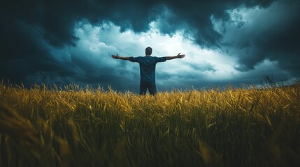 Man with outstretched arms standing in a field of tall grass under a dramatic sky