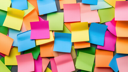 Colorful sticky notes scattered on surface, creating vibrant and creative workspace. These notes are perfect for reminders and brainstorming ideas