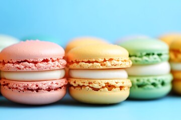 Obraz premium Colorful macaroons on a blue background. Toned.