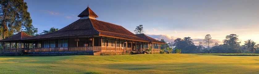 Fototapeta premium A serene wooden building surrounded by lush green fields at sunrise.
