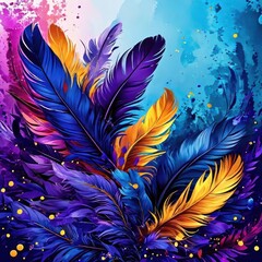 Obraz premium Feathers in bright purple, blue and gold colors on a dark background