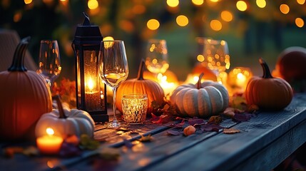 Beautiful Autumn dinner outdoor scene featuring a rustic wooden table decorated with pumpkins, glowing lanterns, and wine glasses. The table is set for a cozy evening meal HD