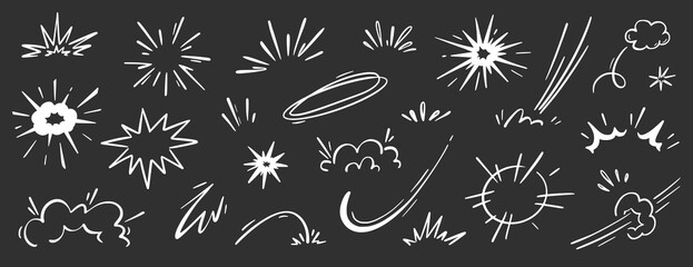 Comic cartoon boom speed effect, explosive motion line element set. Comic boom burst, explosive smoke, line speed cartoon chalkboard. Hand drawn sketch doodle action effect. Vector illustration.