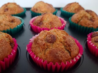 close-up banana muffins with chocolate ships